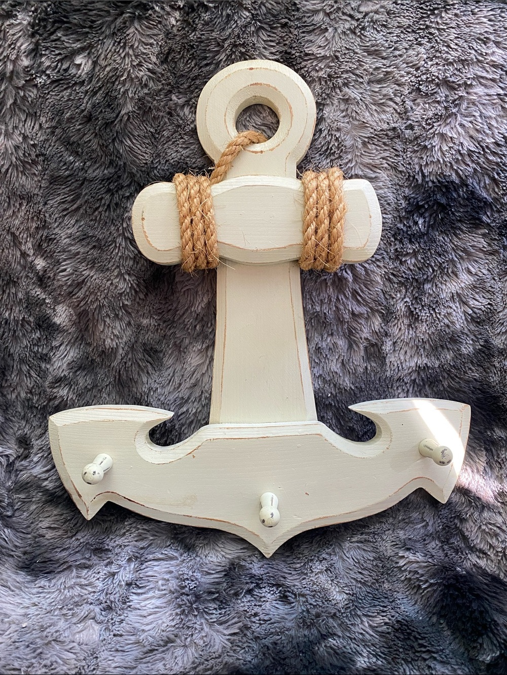 Handcrafted Cream Anchor Wall Hook with Rope Accent